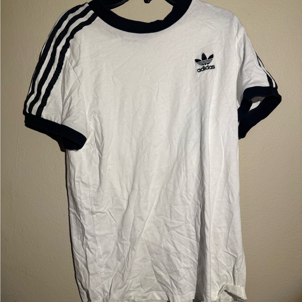 Adidas White and Black Short Sleeve Tee with Signature Stripes